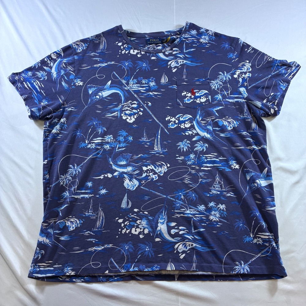 Polo Ralph Lauren Marlin Fishing Tropical Print Pocket T-Shirt Mens XXL Blue